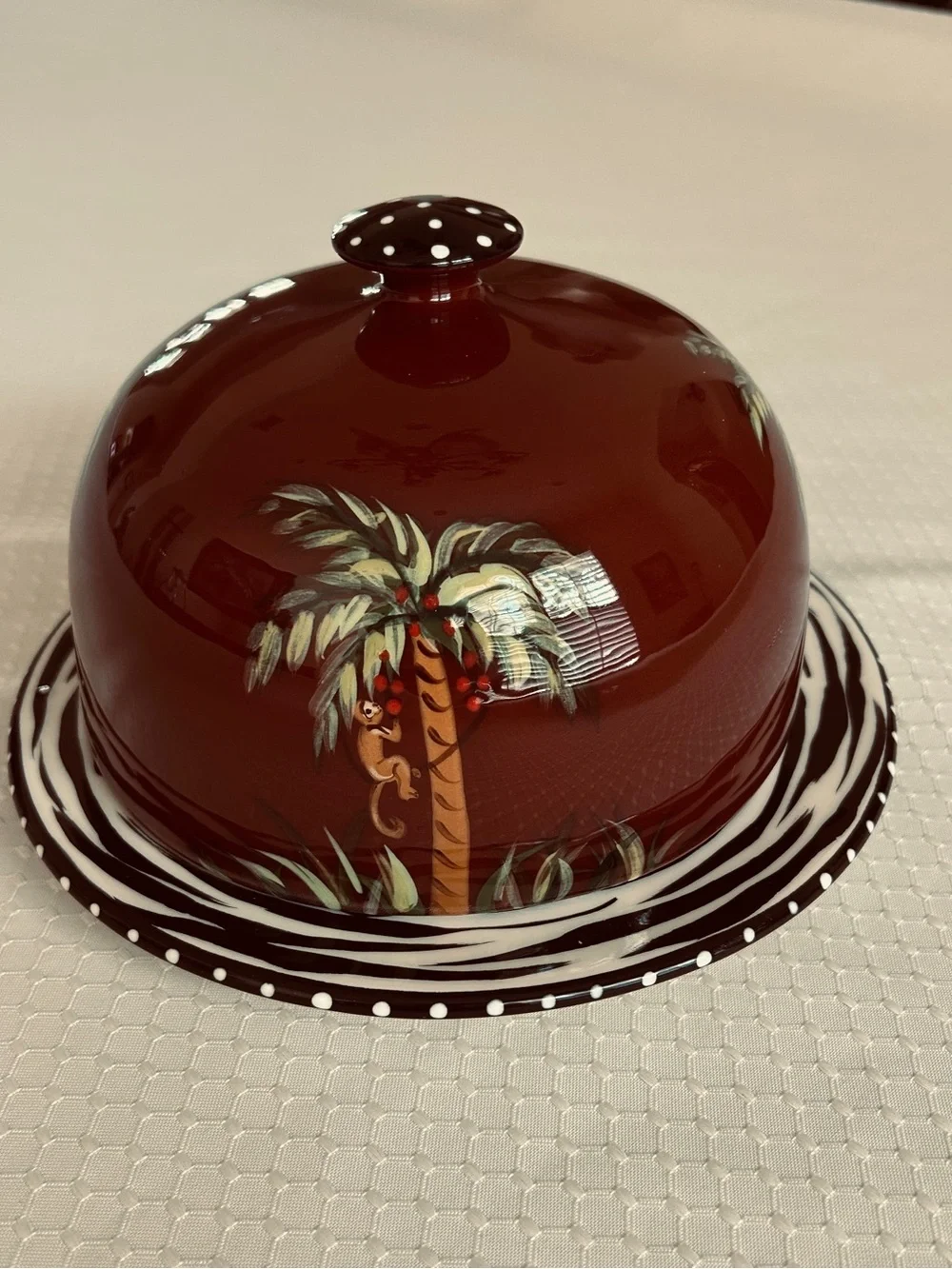 Hand-Painted Brown Ceramic Cheese Dome with Tropical Palm Motif with Monkey